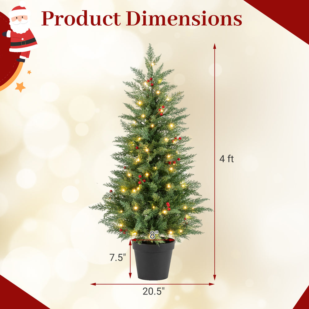 4 ft pre-lit Christmas tree with 70 warm white LED lights, 173 branch tips, and a sturdy cement-filled base for festive.