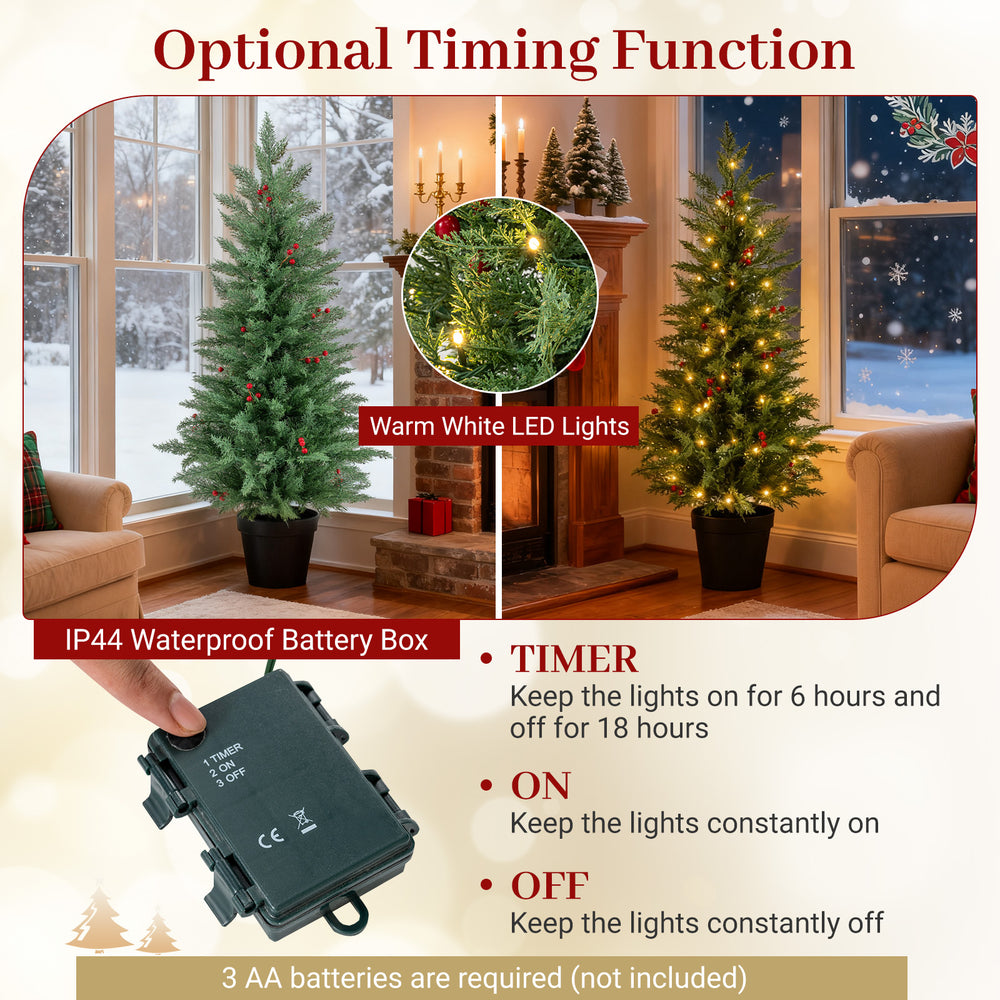 4 FT pre-lit Christmas tree with 70 warm white LED lights, featuring realistic branch tips and a waterproof battery box.