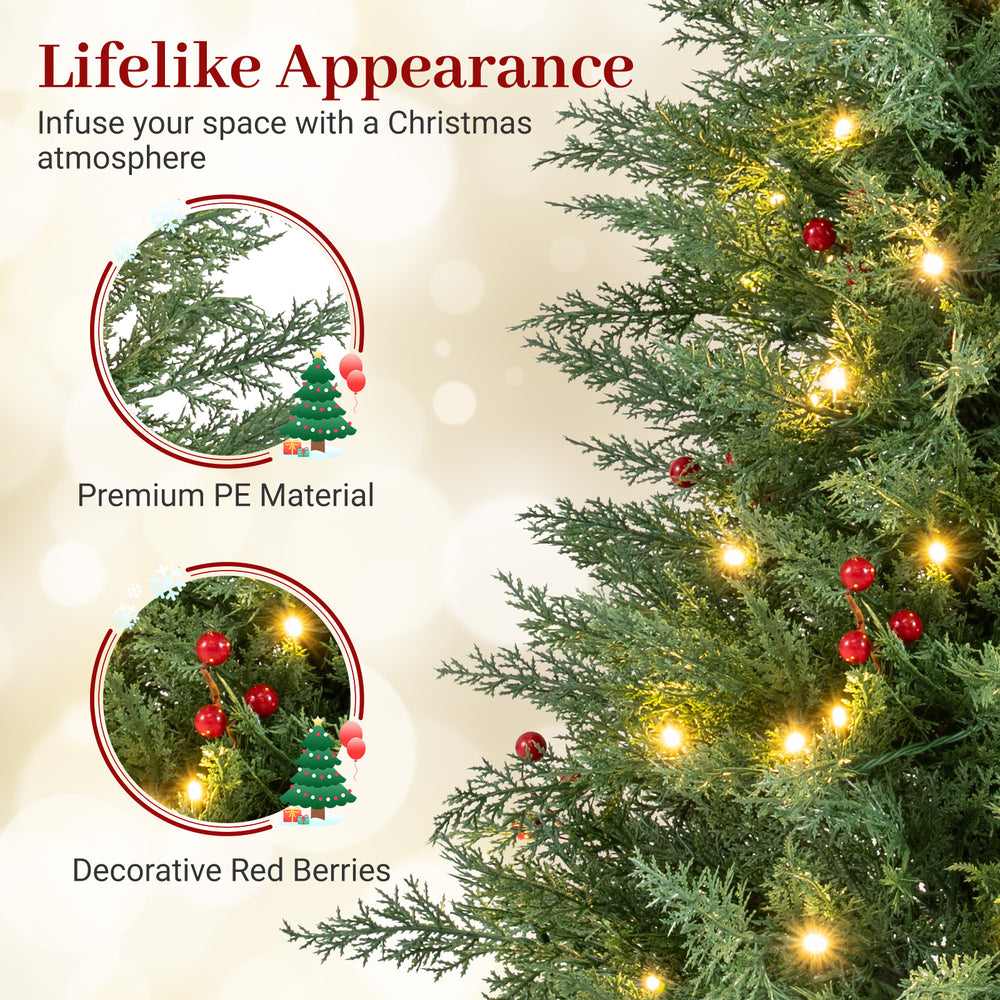 Close-up of a 4 FT pre-lit Christmas tree featuring warm white LED lights, realistic branch tips, and decorative red.