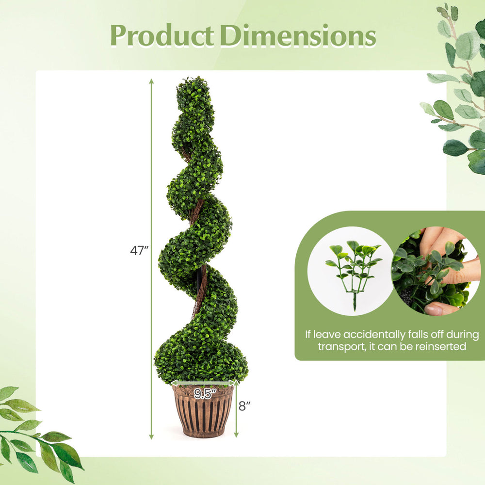 Artificial boxwood spiral tree with lush green leaves, 47 inches tall, perfect for indoor and outdoor decoration.