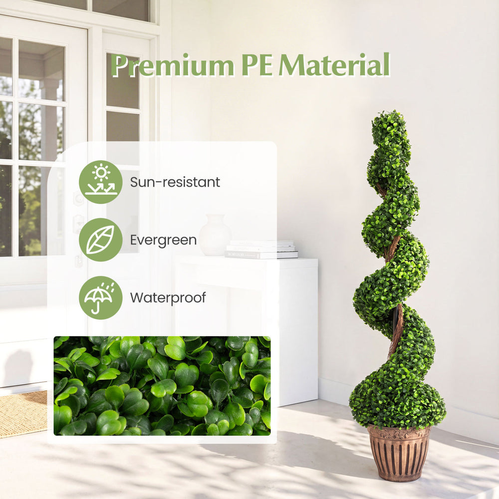 Artificial 4 feet boxwood spiral tree with lush green leaves in a weighted planter, perfect for indoor or outdoor decoration.