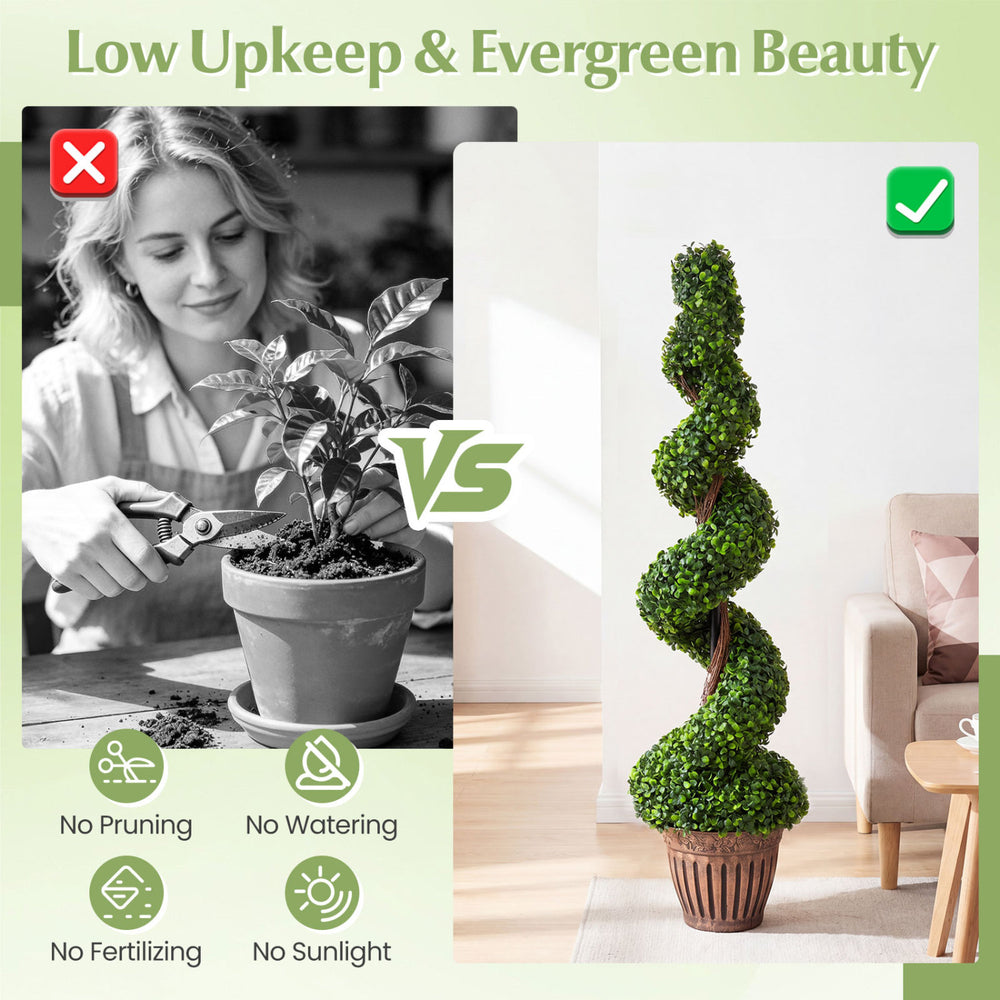 Artificial 4 feet boxwood spiral tree with lush green leaves in a weighted planter, perfect for indoor and outdoor decoration.