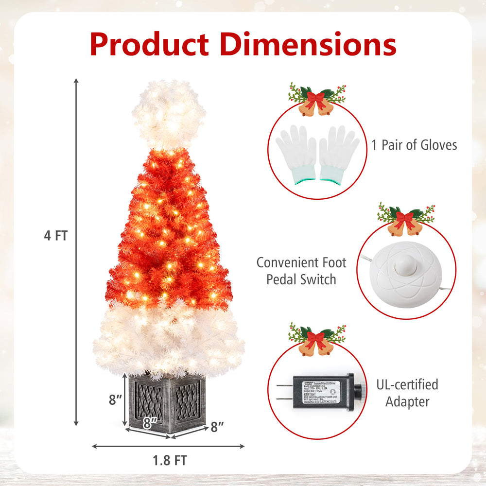 4-foot artificial Christmas tree with 300 branch tips and 100 warm white LED lights, featuring a Santa hat design and.