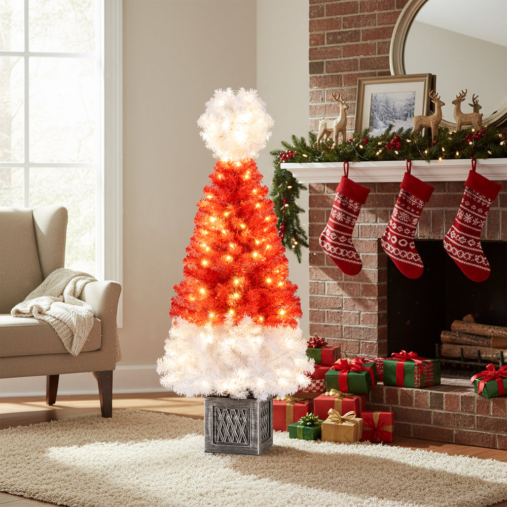 Santa hat-inspired 4 feet artificial Christmas tree with 100 warm white LED lights, perfect for holiday decorations.