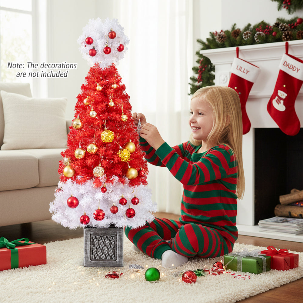 4 feet artificial Christmas tree with warm white LED lights, featuring a Santa hat design and vibrant branch tips for.