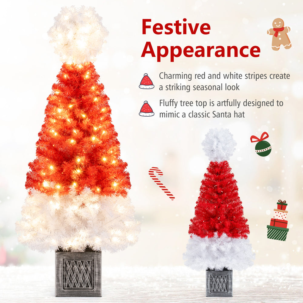 4 feet artificial Christmas tree with Santa hat design, 300 branch tips, and 100 warm white LED lights for festive.