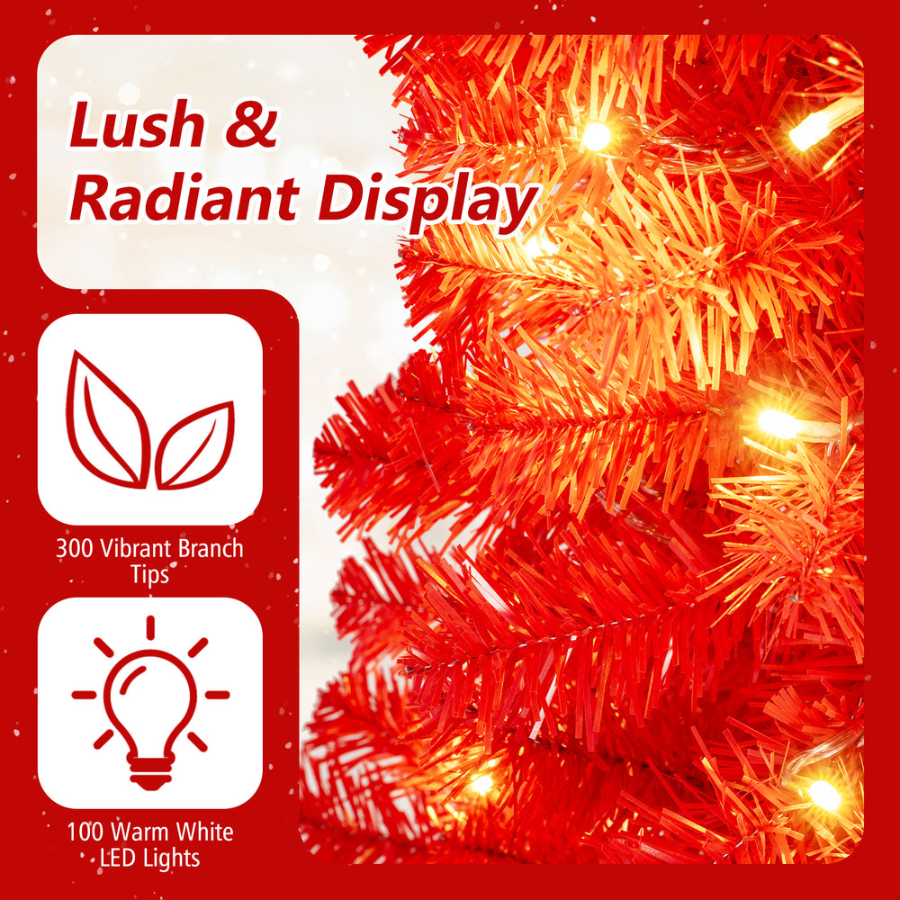 Close-up of the 4 feet artificial Christmas tree showcasing 300 vibrant branch tips and 100 warm white LED lights.
