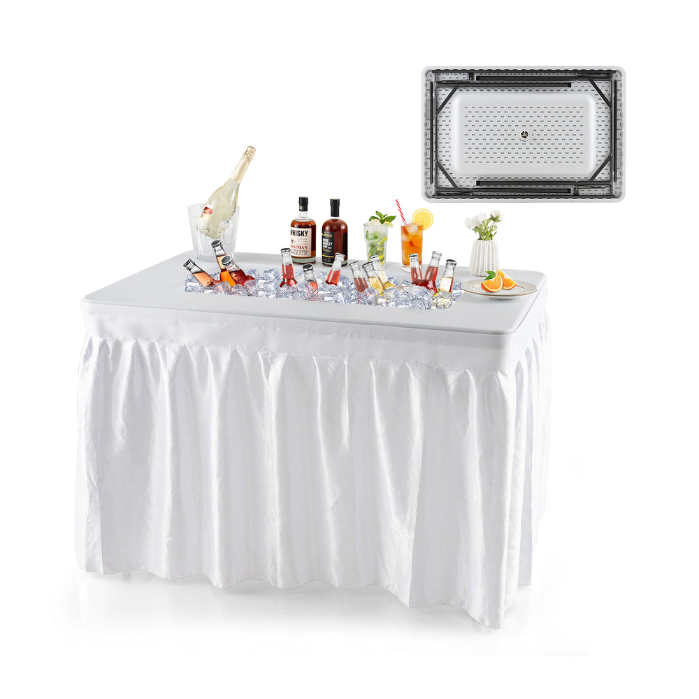 Folding ice bin table with skirt, spacious for beverages, ideal for camping, picnics, and weddings.