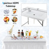 Folding ice bin table with spacious HDPE tabletop, perfect for camping, picnics, and weddings, featuring a quick.