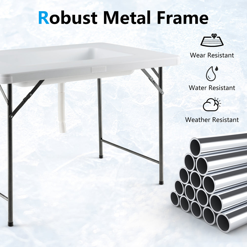 Folding ice bin table with a robust metal frame, waterproof HDPE top, ideal for camping, picnics, and weddings.