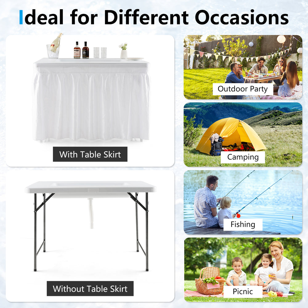 4 feet folding ice bin table with skirt, featuring a spacious ice bin, ideal for camping, picnics, and weddings.