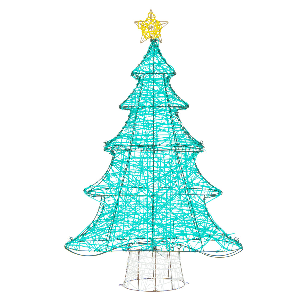 4-foot artificial Christmas tree featuring a unique shape and 520 LED lights, ideal for adding festive charm outdoors.