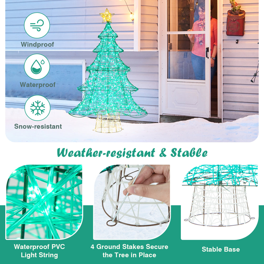 4-foot lighted artificial Christmas tree with 520 LED lights, waterproof design, and stable base for outdoor use.
