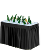 4 feet black folding party table with ice and drinks, featuring a matching skirt for indoor and outdoor use.