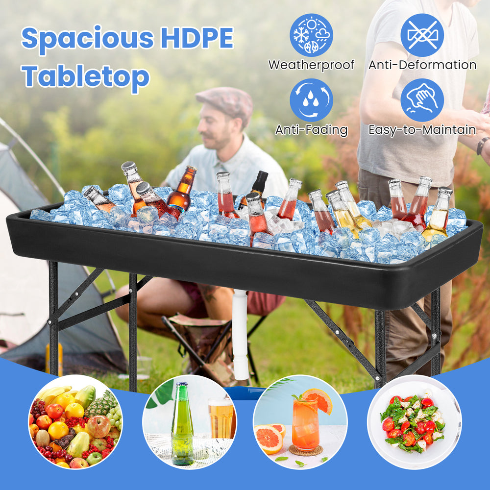 4 feet folding plastic party table with black HDPE tabletop, featuring a professional drain system for indoor and.
