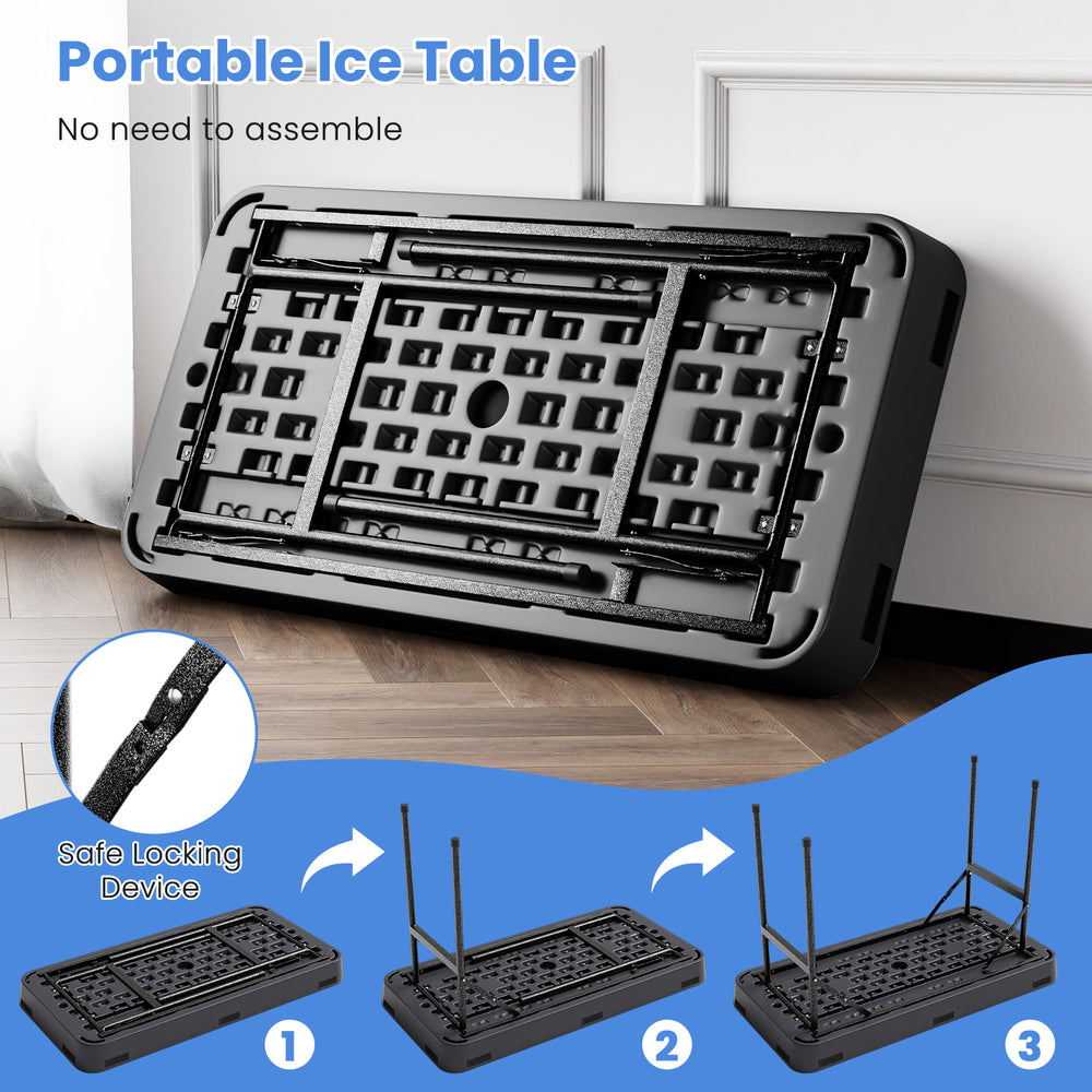 Folding 4 feet black plastic party ice table with skirt, featuring a lightweight design and durable powder-coated legs.
