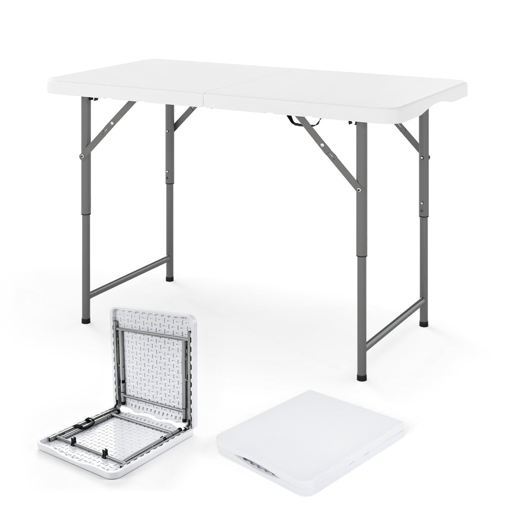 Foldable 4 feet portable camping table with HDPE tabletop and sturdy metal legs, ideal for indoor and outdoor use.