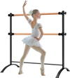 Freestanding double ballet barre with adjustable height, durable beech wood, and sturdy metal frame for versatile.