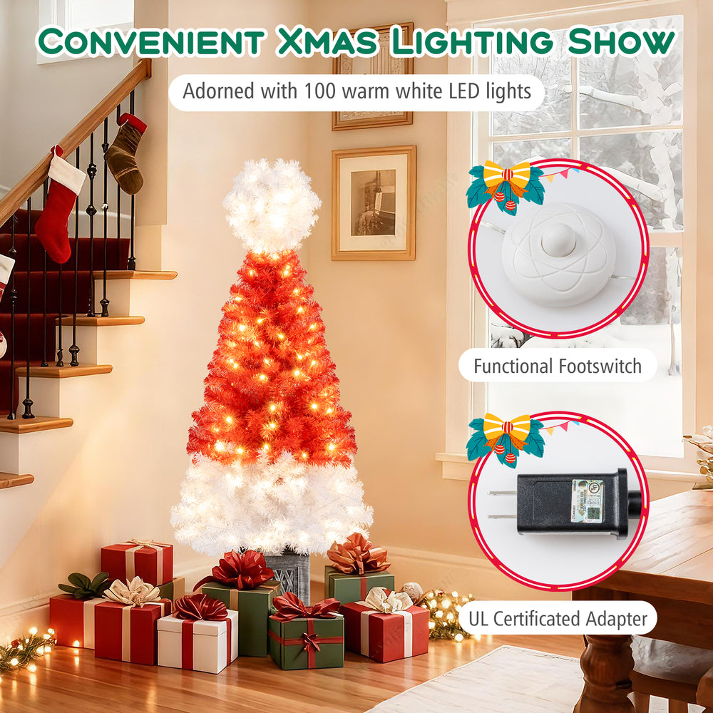 4 Ft artificial Christmas tree with Santa hat design, 300 branch tips, and 100 warm white LED lights for festive decor.