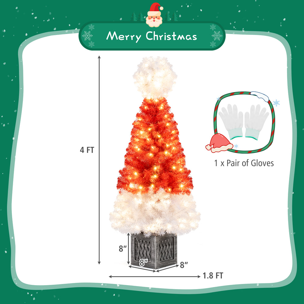 4 Ft artificial Christmas tree with Santa hat design, 300 branch tips, and warm white LED lights for festive decor.