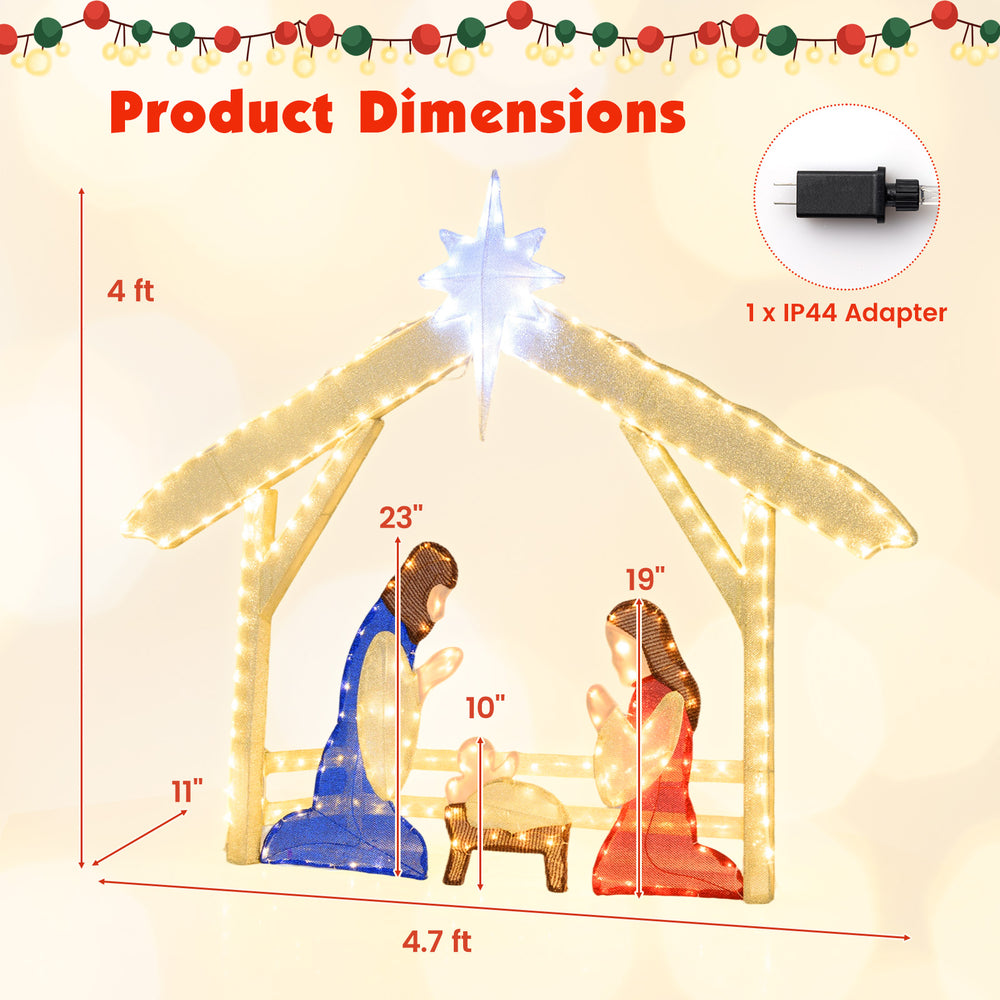 4 ft lighted nativity scene with 272 LED beads, stable metal frame, ideal for indoor or outdoor Christmas decor.