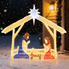 4 Ft lighted nativity scene with a stable metal frame, showcasing Mary and Joseph in vibrant colors for outdoor holiday.