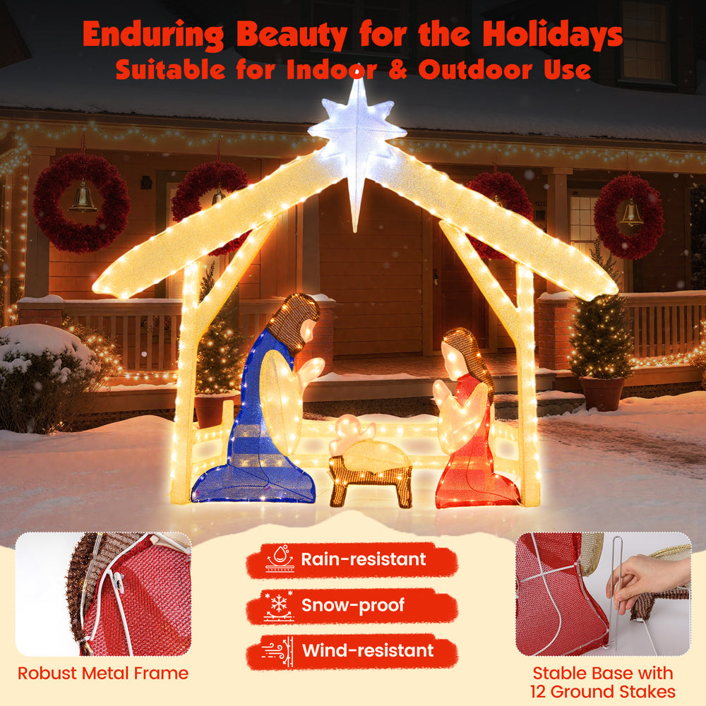 4 Ft lighted nativity scene featuring a robust metal frame and 272 LED beads, perfect for indoor and outdoor holiday.