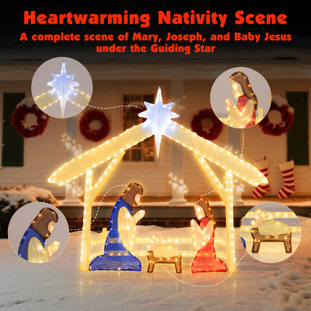 Lighted 4 ft nativity scene featuring Mary, Joseph, and Baby Jesus, adorned with 272 LED beads for outdoor holiday.