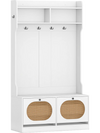 4-in-1 hall tree in white with coat rack, flip drawers, and PE rattan accents for entryway storage and seating.