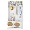 4-in-1 hall tree in white with coat rack, flip drawers, and PE rattan surface for entryway storage and organization.