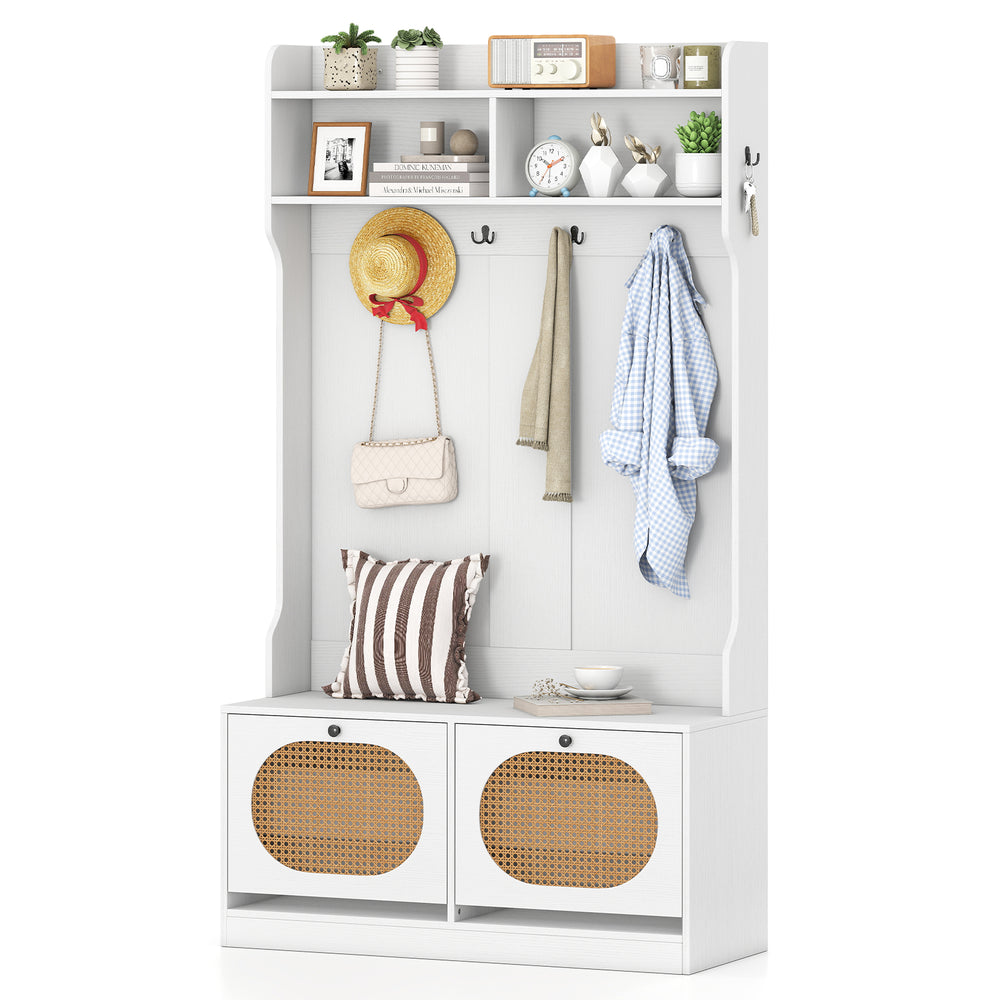 4-in-1 hall tree in white with coat rack, flip drawers, and PE rattan surface for entryway storage and organization.