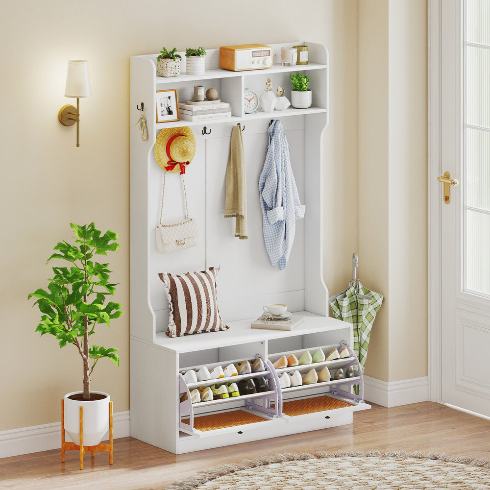 4-in-1 white hall tree with coat rack, shoe bench, and spacious storage compartments for entryway organization.