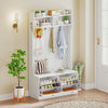 4-in-1 white hall tree with coat rack, shoe bench, and spacious storage compartments for entryway organization.