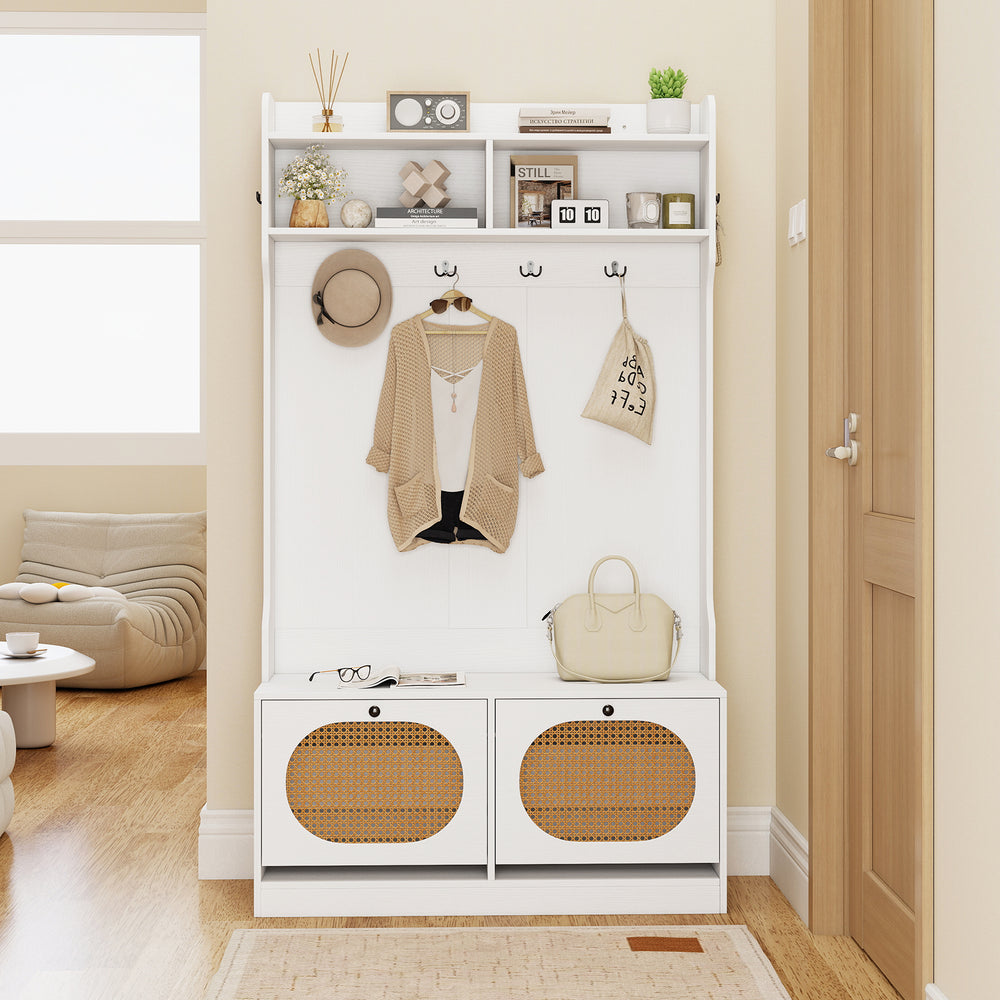 4-in-1 hall tree in white with coat rack, flip drawers, and PE rattan surface, perfect for entryway storage.