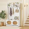 4-in-1 hall tree in white with coat rack, flip drawers, and PE rattan compartments for entryway storage and seating.