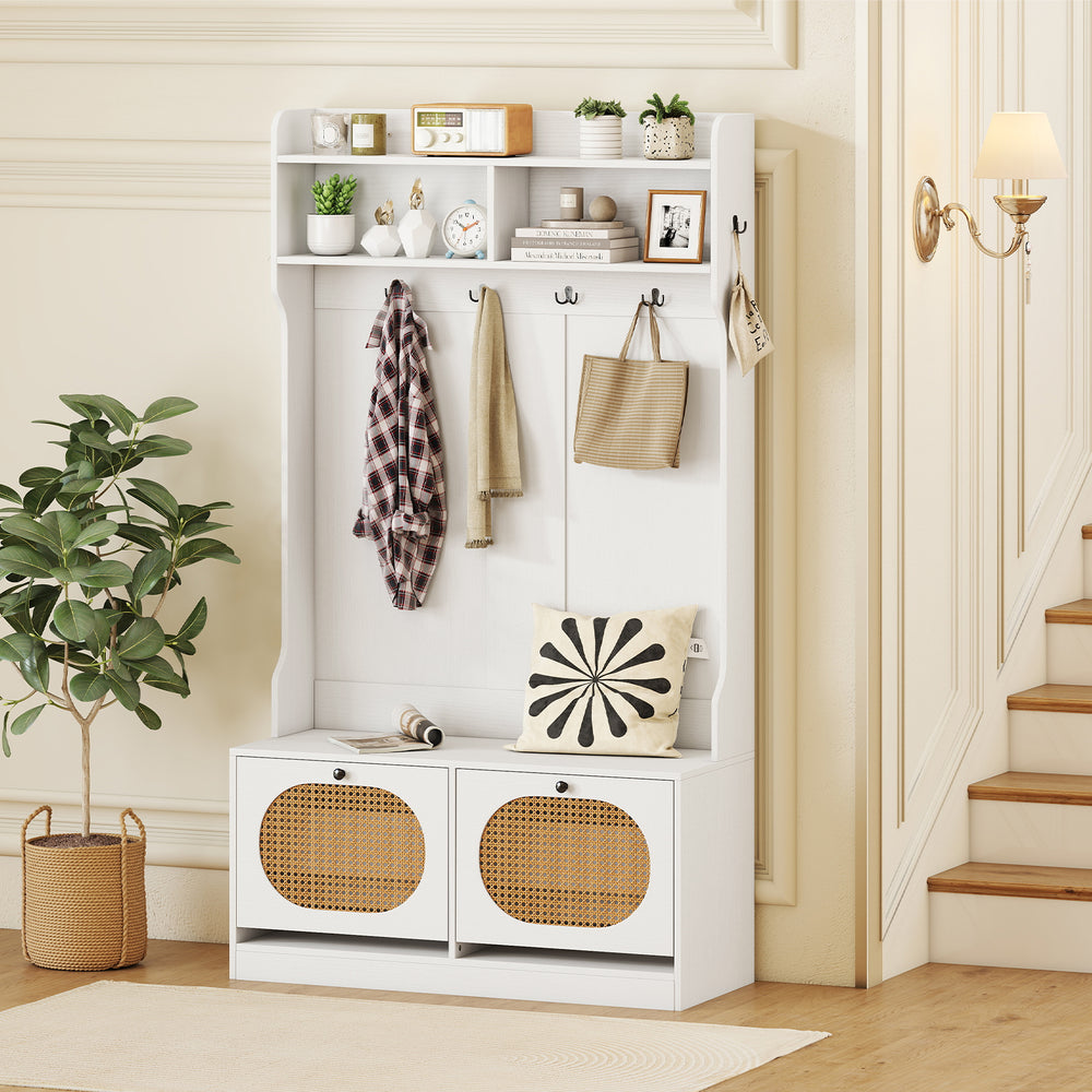 4-in-1 hall tree in white with coat rack, flip drawers, and PE rattan compartments for entryway storage and seating.