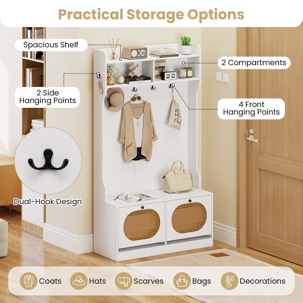 4-in-1 hall tree with coat rack, dual-hook design, and spacious compartments for entryway storage in white.