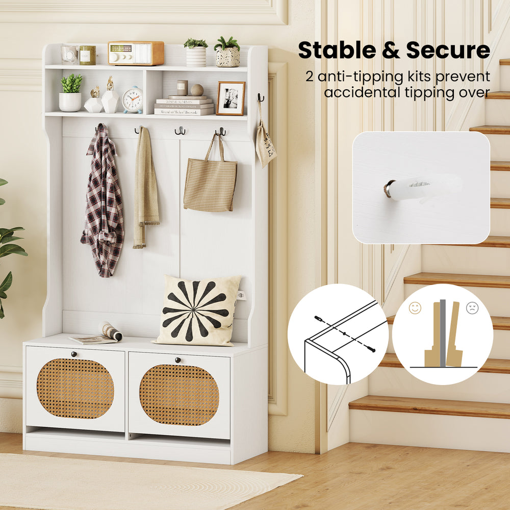 4-in-1 hall tree in white with coat rack, flip drawers, and anti-tipping kits for secure entryway storage.