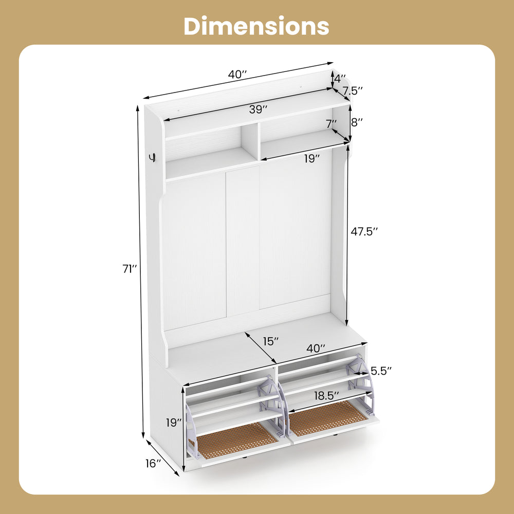 Dimensions of the 4-in-1 hall tree with coat rack and flip drawers, featuring a spacious shelf and shoe storage.
