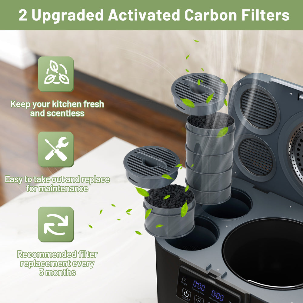 Upgraded activated carbon filters for the 4 L electric composter, ensuring fresh kitchen air and easy maintenance.