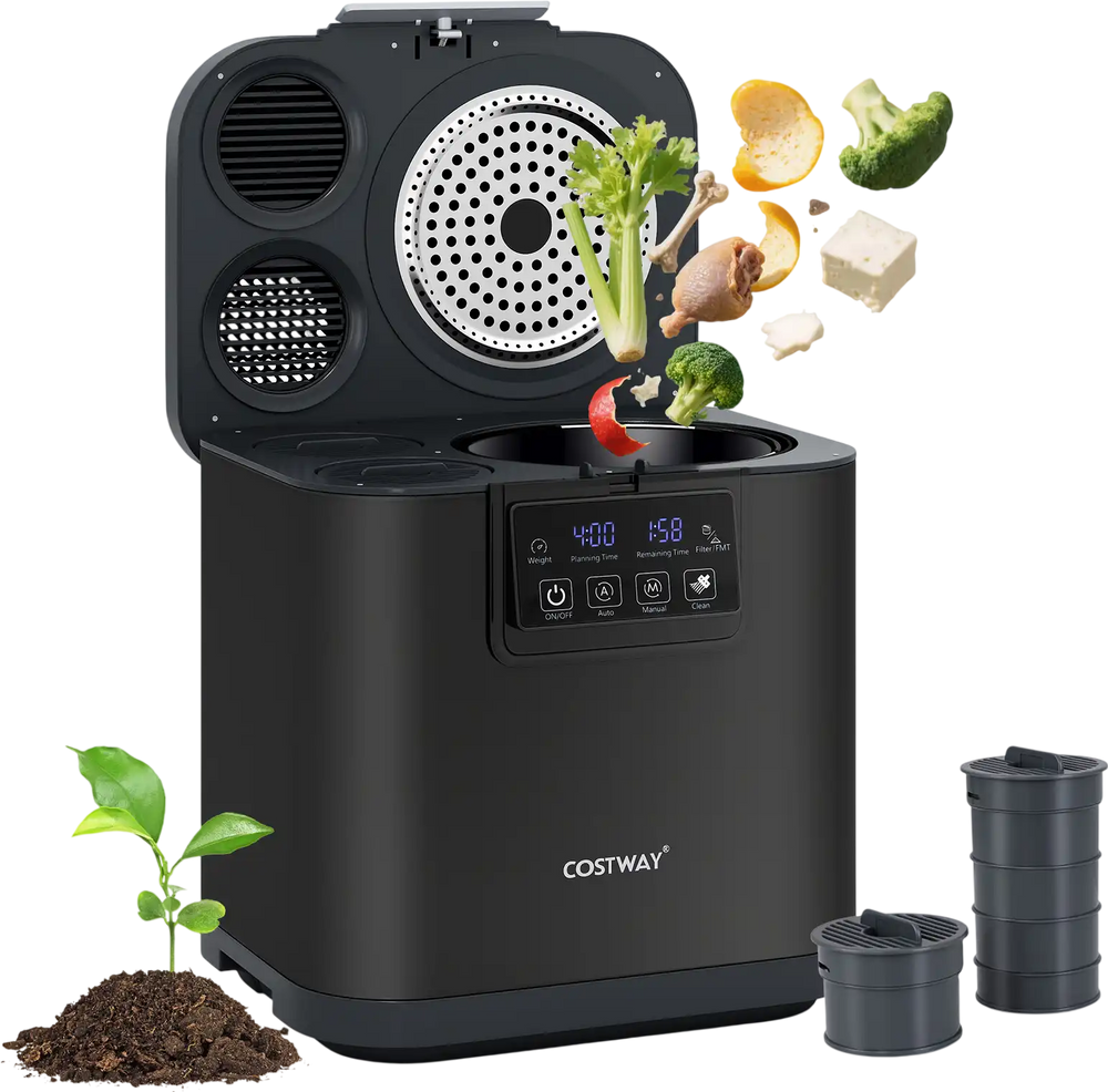 4 L electric composter in black with LED display, designed for kitchen use, efficiently reduces food waste.