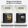 4 L electric composter in black showing 1 gallon capacity before and 90% food waste reduction after in kitchen setting.