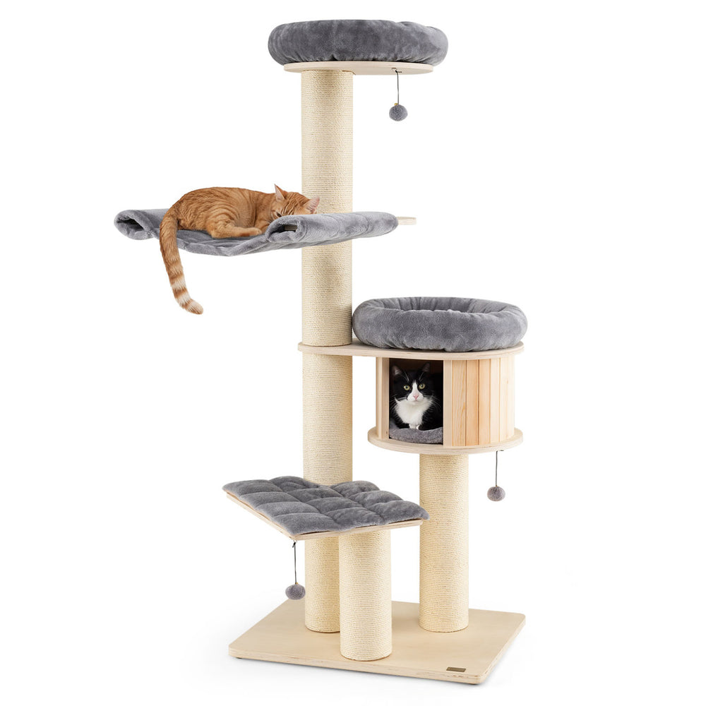 Multi-layer 68.5-inch wooden cat tree with plush hammock and sisal posts, perfect for indoor cat play and relaxation.
