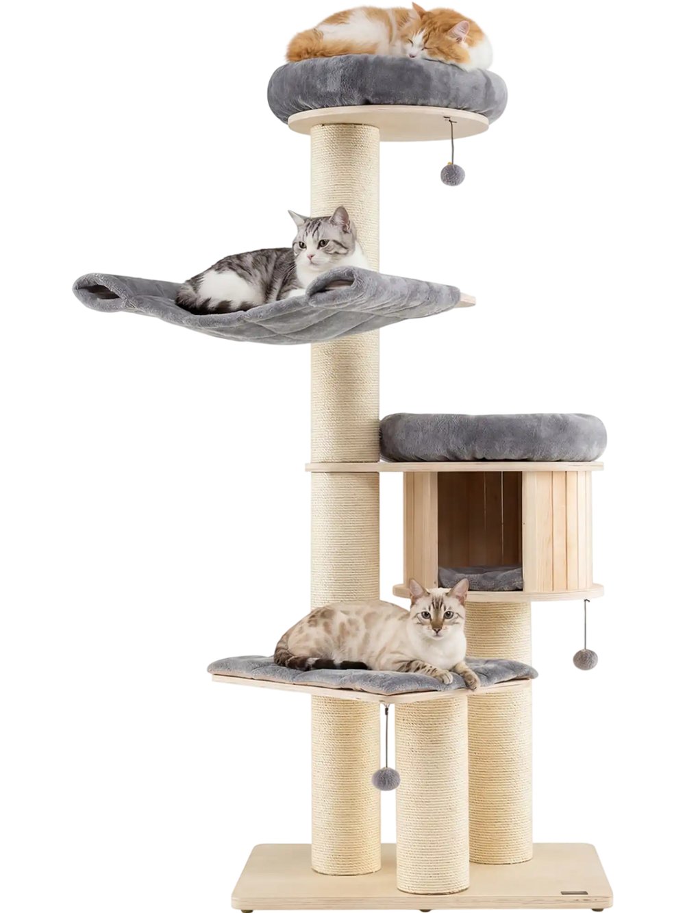 Multi-layer 68.5-inch wooden cat tree with plush coverings and sisal posts, perfect for cat napping and play.