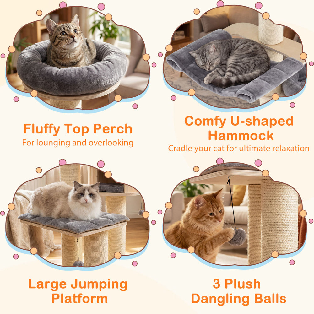 Fluffy top perch and comfy U-shaped hammock on a 68.5-inch wooden cat tree for lounging and relaxation.