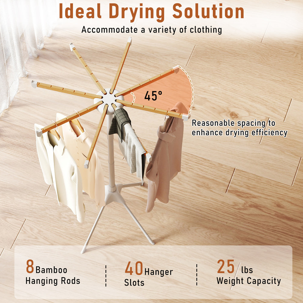 Foldable clothes drying rack with 8 bamboo rods and 40 hanger slots, designed for efficient drying and easy storage.