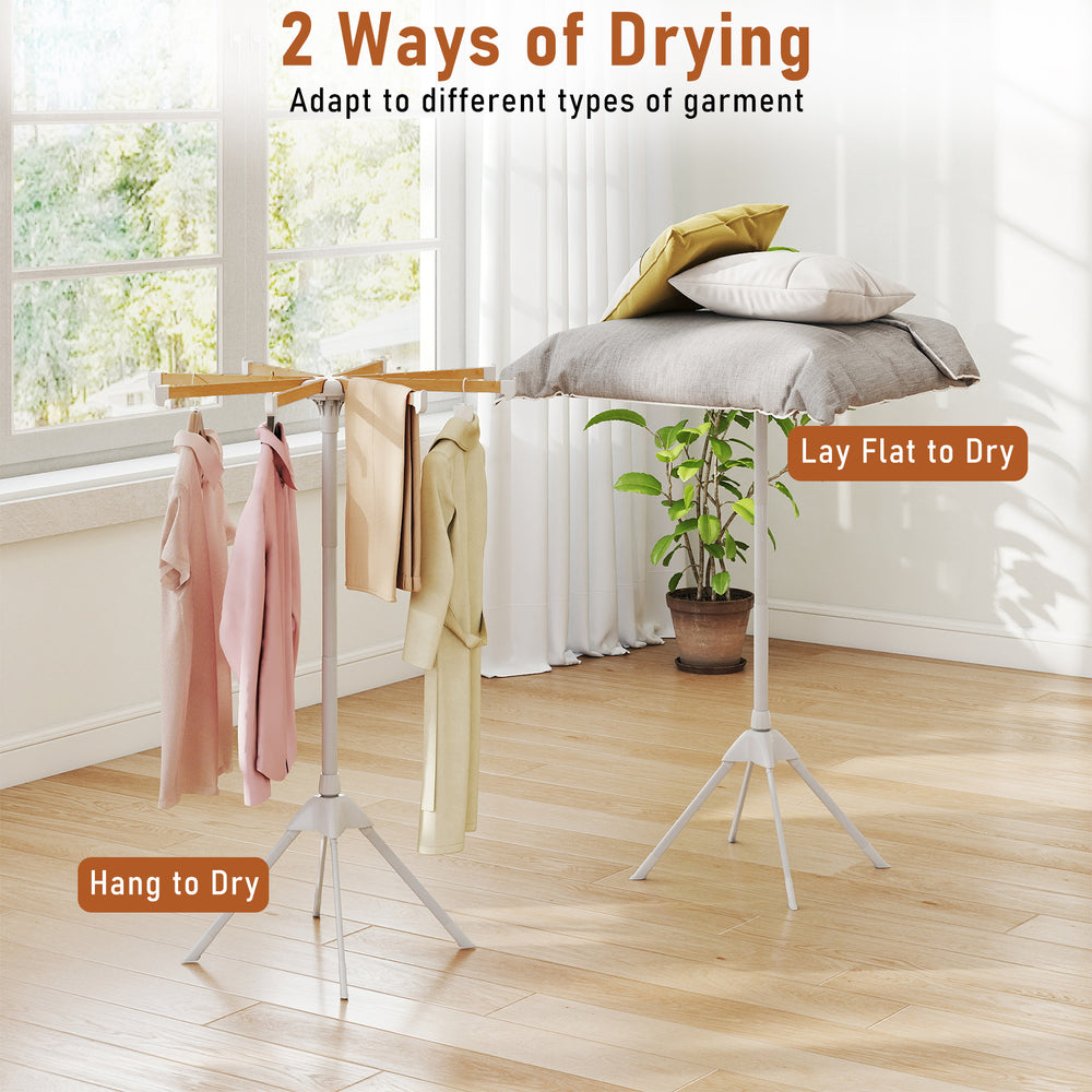 Foldable clothes drying rack with 8 bamboo rods, showcasing hanging and flat drying options for versatile garment care.