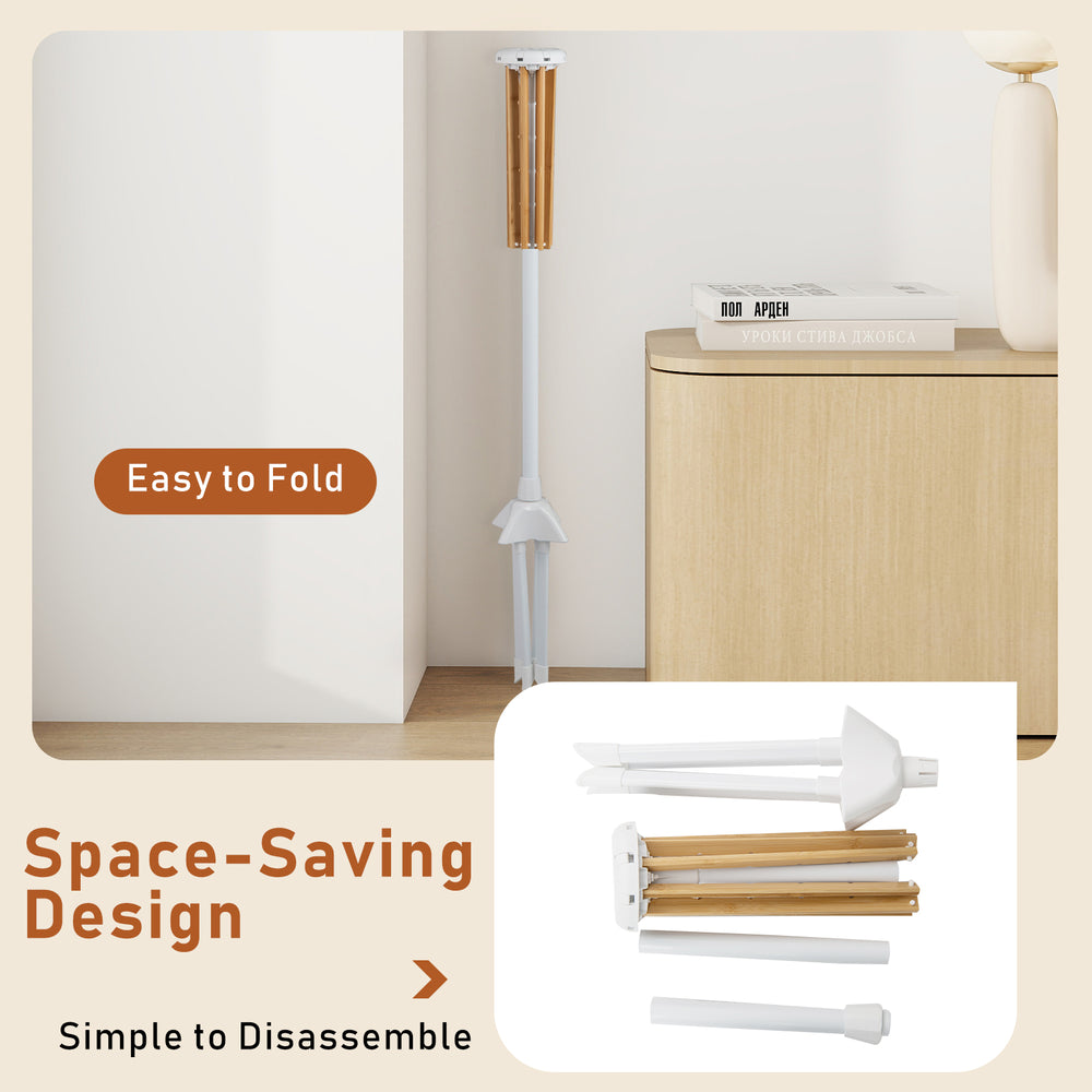 Foldable clothes drying rack with 8 bamboo rods, designed for easy storage and stable support in any room.