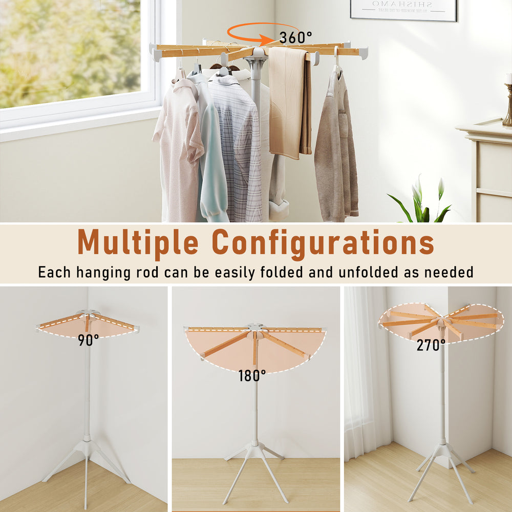 Foldable clothes drying rack with 8 bamboo rods, showcasing multiple configurations for versatile drying options.