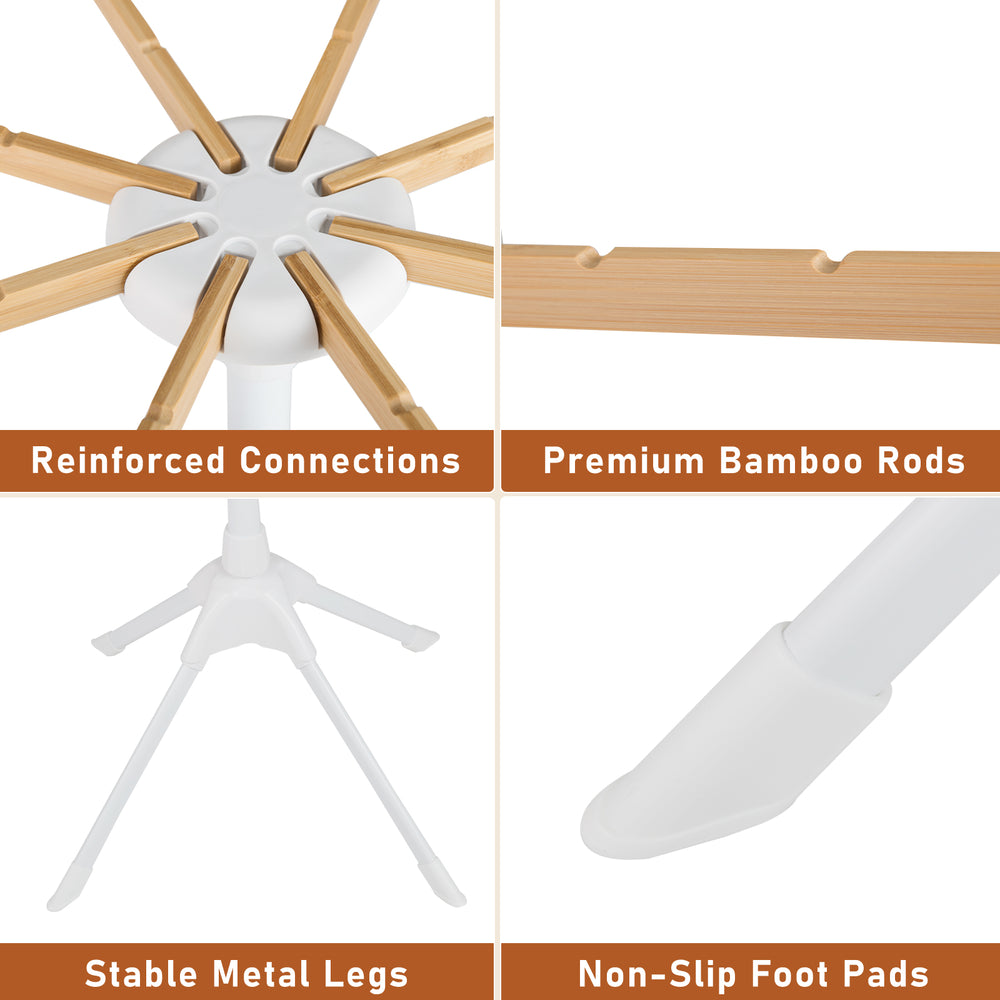 Foldable clothes drying rack with 8 bamboo rods, stable metal legs, and non-slip foot pads for secure drying.